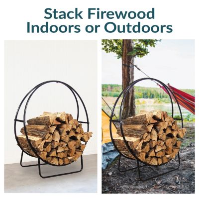 Indoor/Outdoor Steel Round Fire Pit or Fireplace Firewood Log Hoop Rack Holder - Black