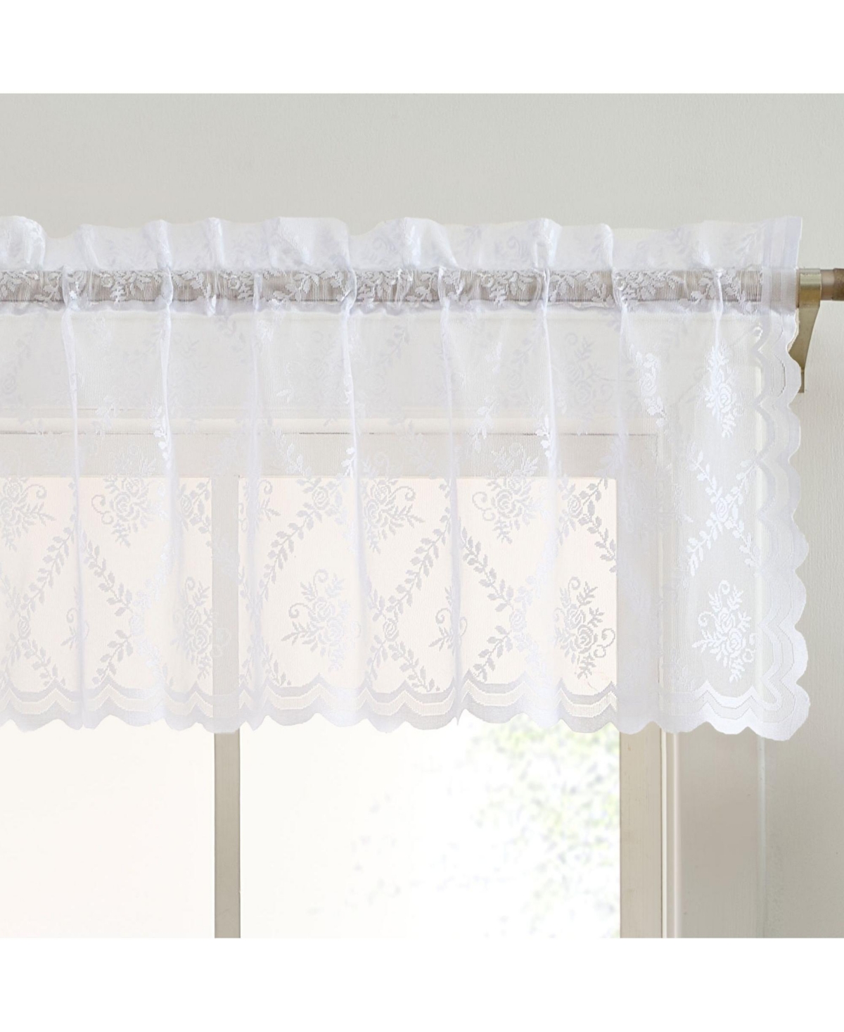 Isabella Floral Rod Pocket Lace Semi Sheer Voile Short Valance for Small Windows, Kitchen & Bathroom - 54 x 18 Inch Length (White Valance) - Wh