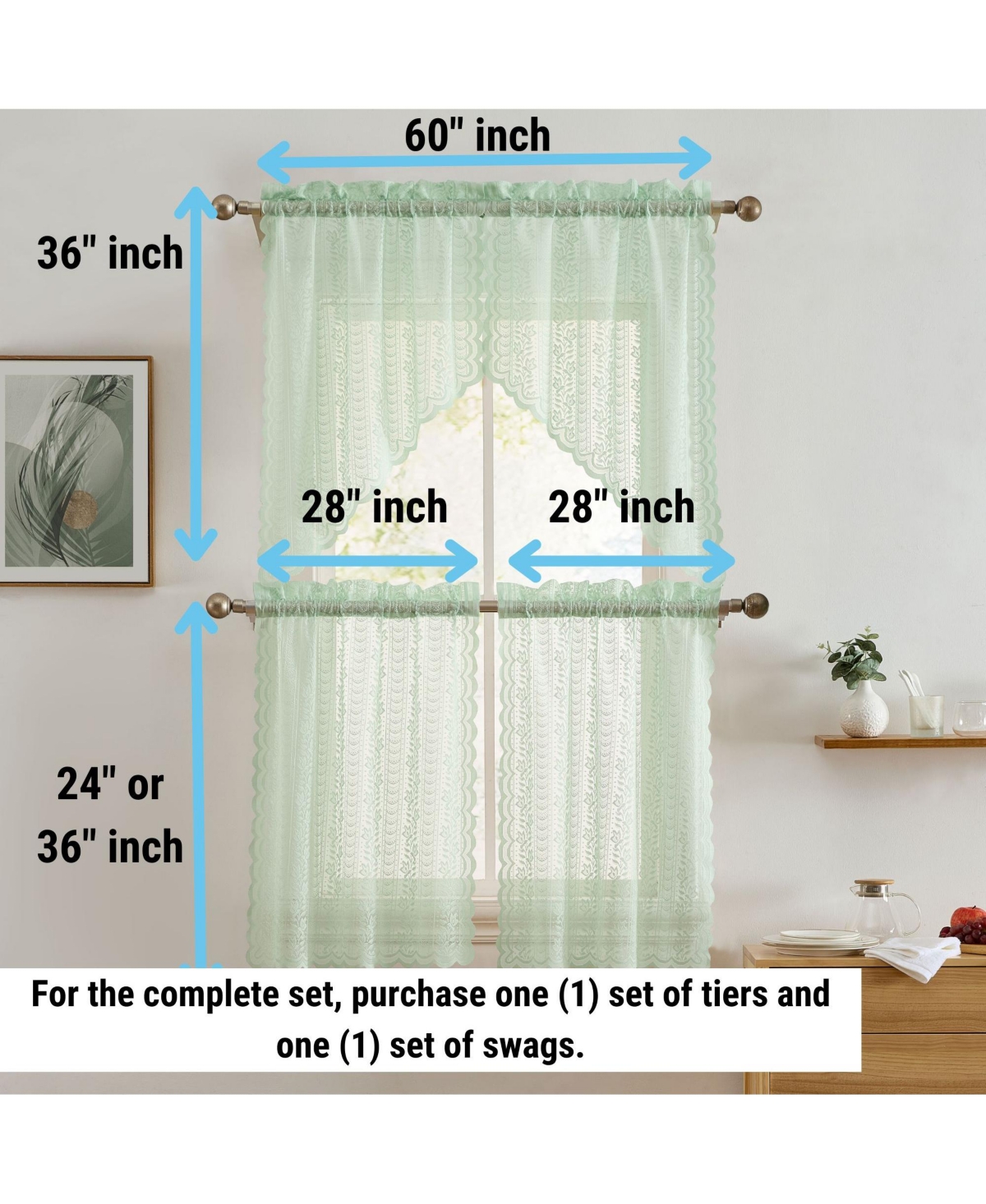 Hlc.me Sophia Floral Rod Pocket Lace Semi Sheer Voile Short Cafe Tiers for Small Windows - 28 x Inch Length (Seafoam Green Tiers