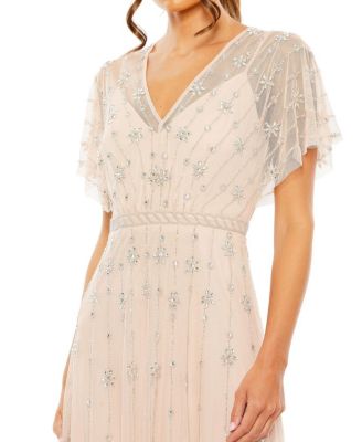 Women's V-Neck Embellished Flutter Sleeve A Line Gown