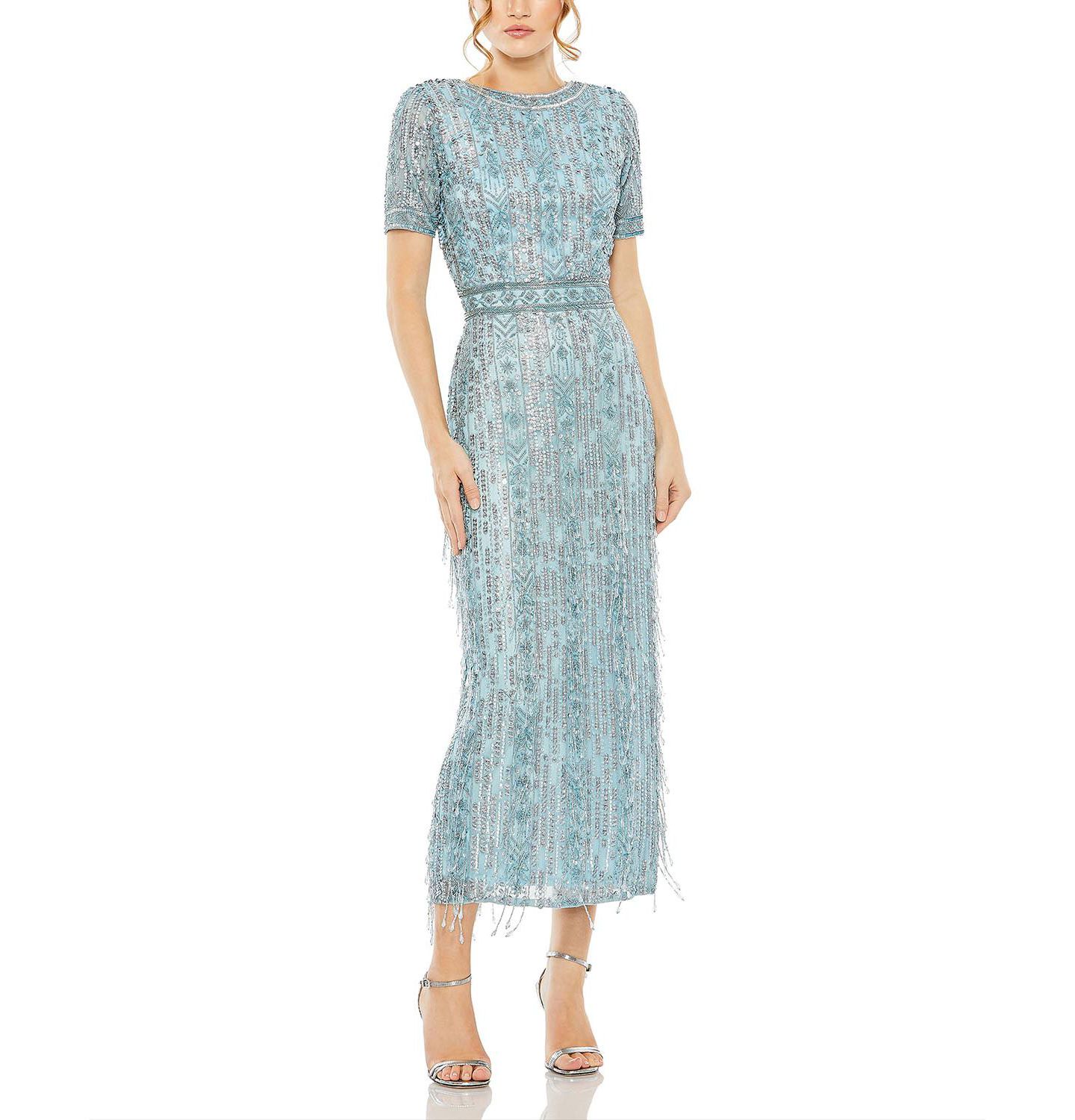 Женское платье Mac Duggal High Neck Short Sleeve Crystal Fringe Column, цвет: Синий — фото 2