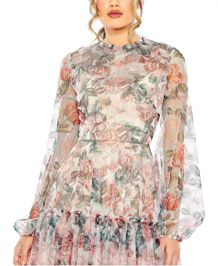 Women's Long Sleeve High Neck Long Balloon Sleeve Midi Dress - thumbnail 4