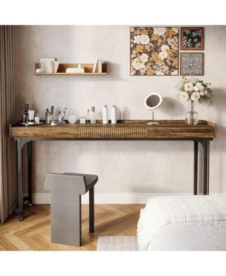 Overbed Table with Wheels, Mobile Computer Desk Makeup Vanity Desk with Storage, Standing Laptop Cart, Over Bed Makeup Table with Mirror, Vanity Desk for Bedroom, Rustic Brown