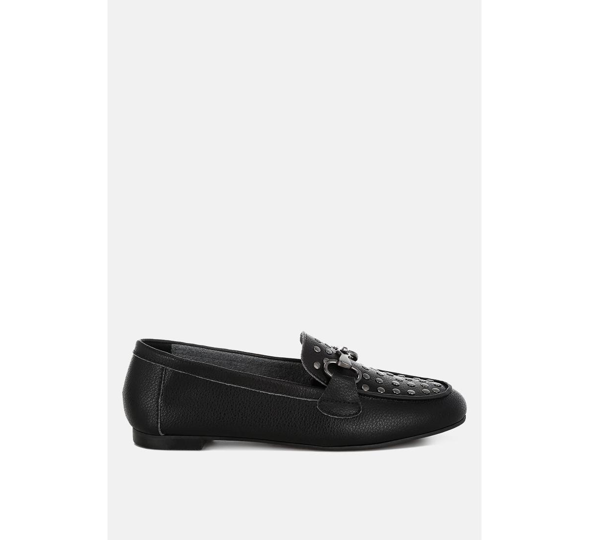 Modaha Horsebit & Studs Embellished Real Leather Loafers - Black