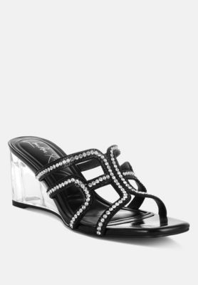 Womens Caqueta Metallic Rhinestone Clear Wedge Sandals