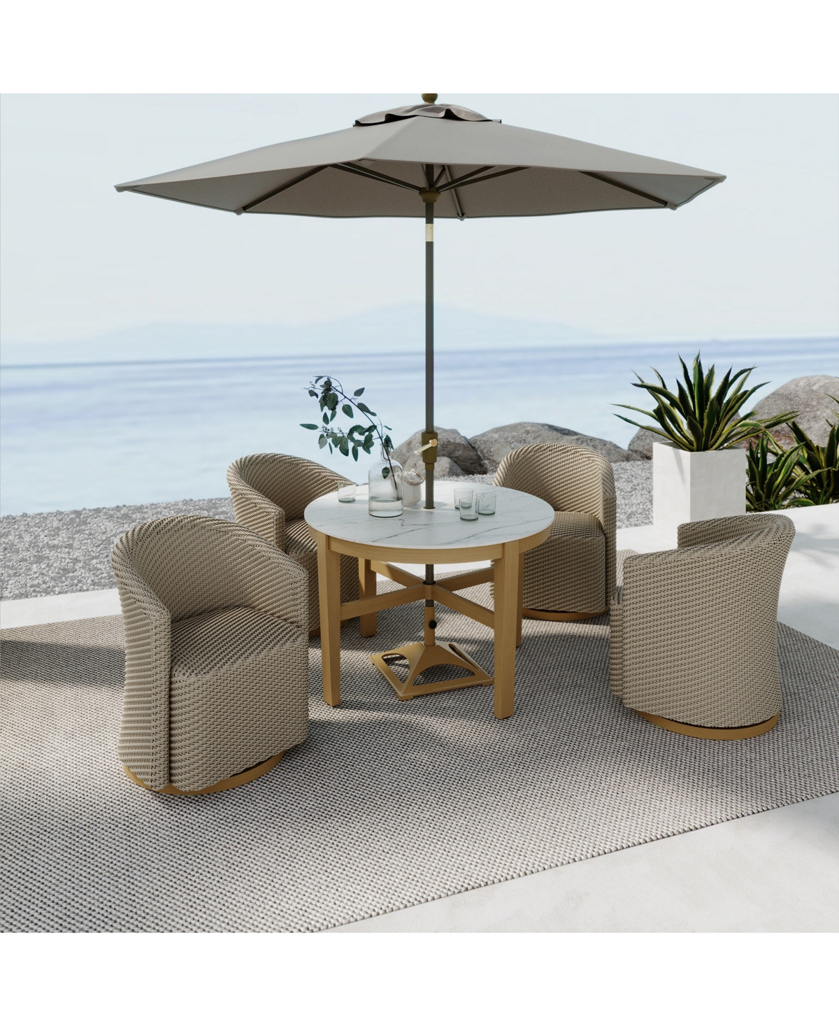Agio Reid Outdoor Dining 5pc Set (round Table & 4 Swivel Chairs) In Beige