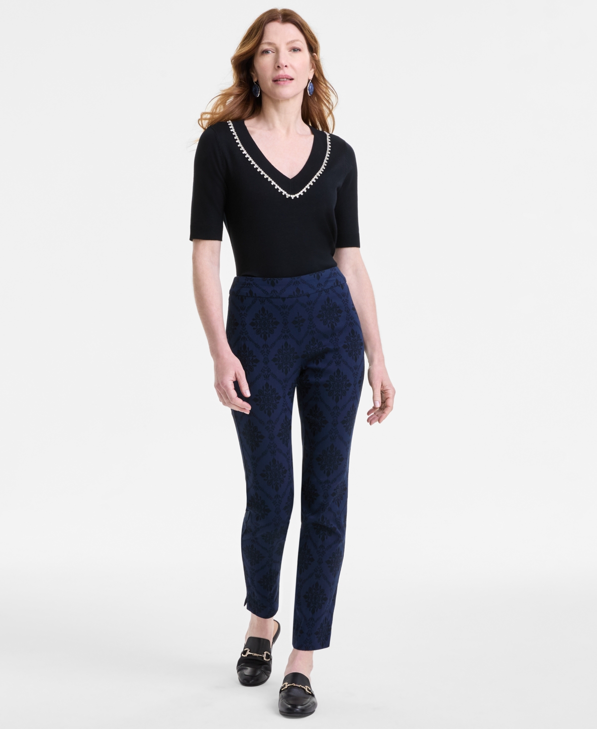 JM COLLECTION WOMEN'S PRINTED JACQUARD PULL-ON PANTS, EXCLUSIVELY AT MACY'S 