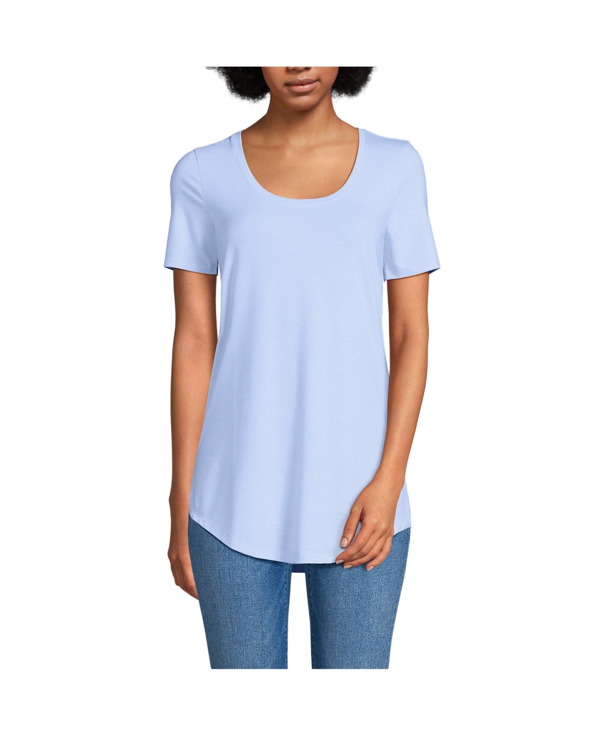 Women's Short Sleeve Power Performance Scoop Neck Curved Hem Tunic Tee - Black pinstripe