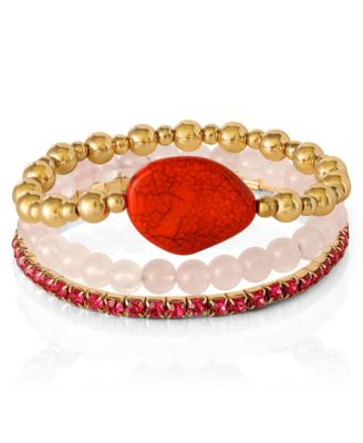 3-Piece Beaded Stretch Bracelet Set - Gemstone & Gold-Tone Accents