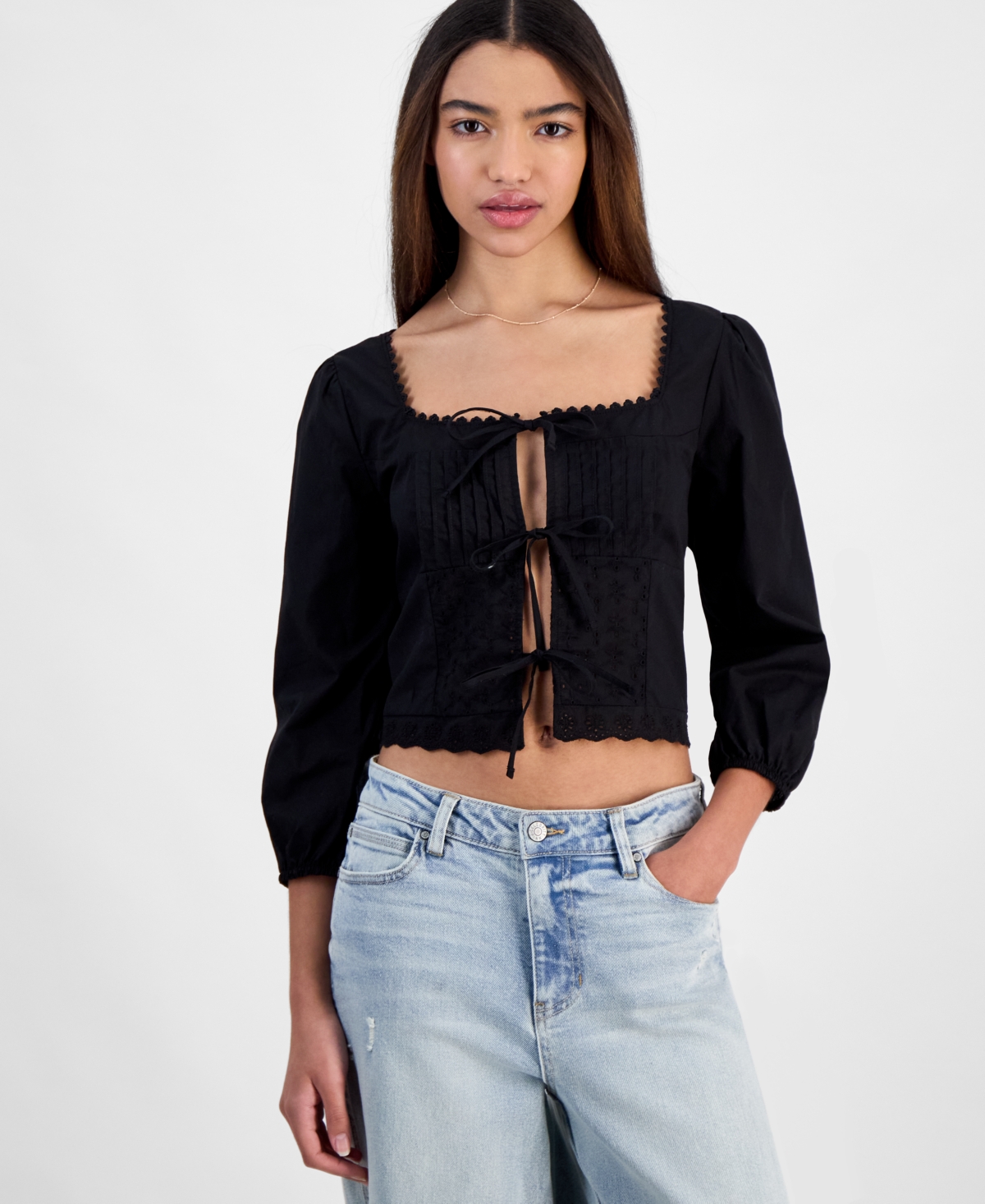 Juniors' Tie-Front Eyelet Top - White