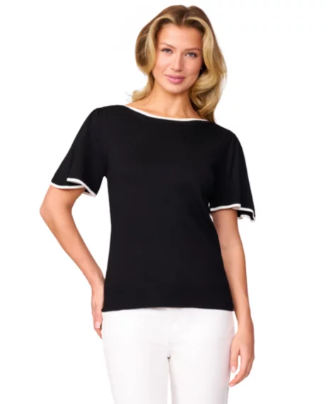 Petite Boat-Neck Flutter-Sleeve Sweater - Jet Black