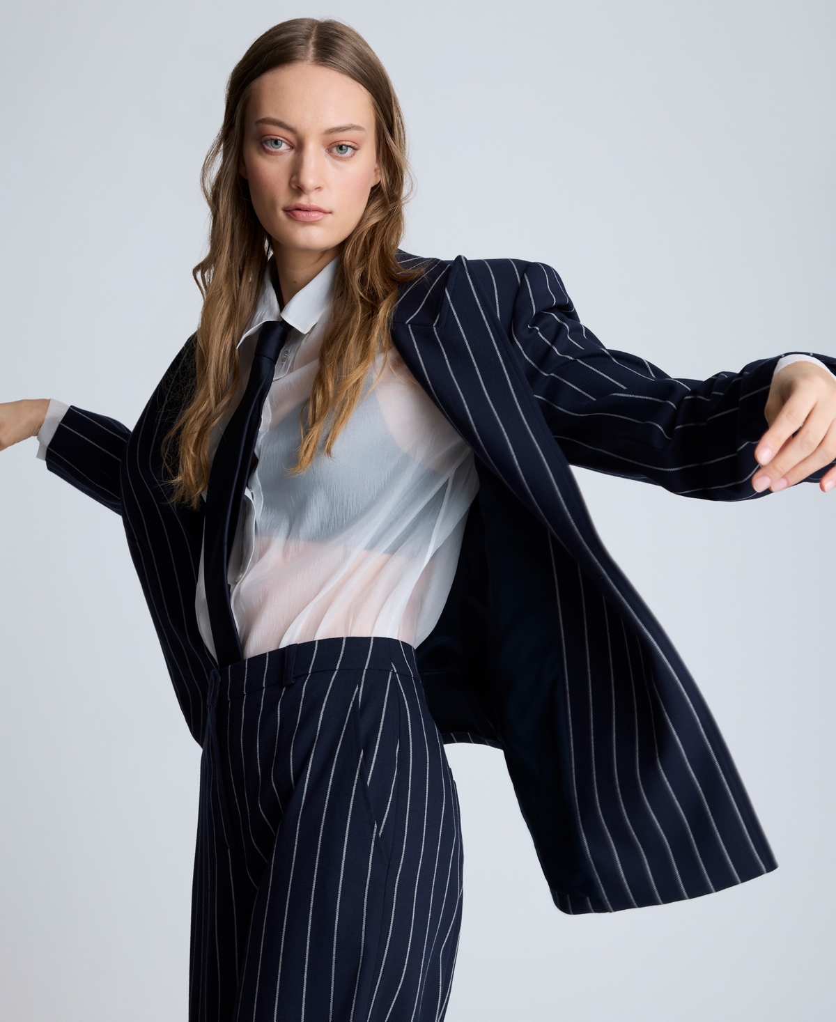 Kenneth Cole Women's Pinstriped Double-breasted Jacket In Dark Navy,pure White