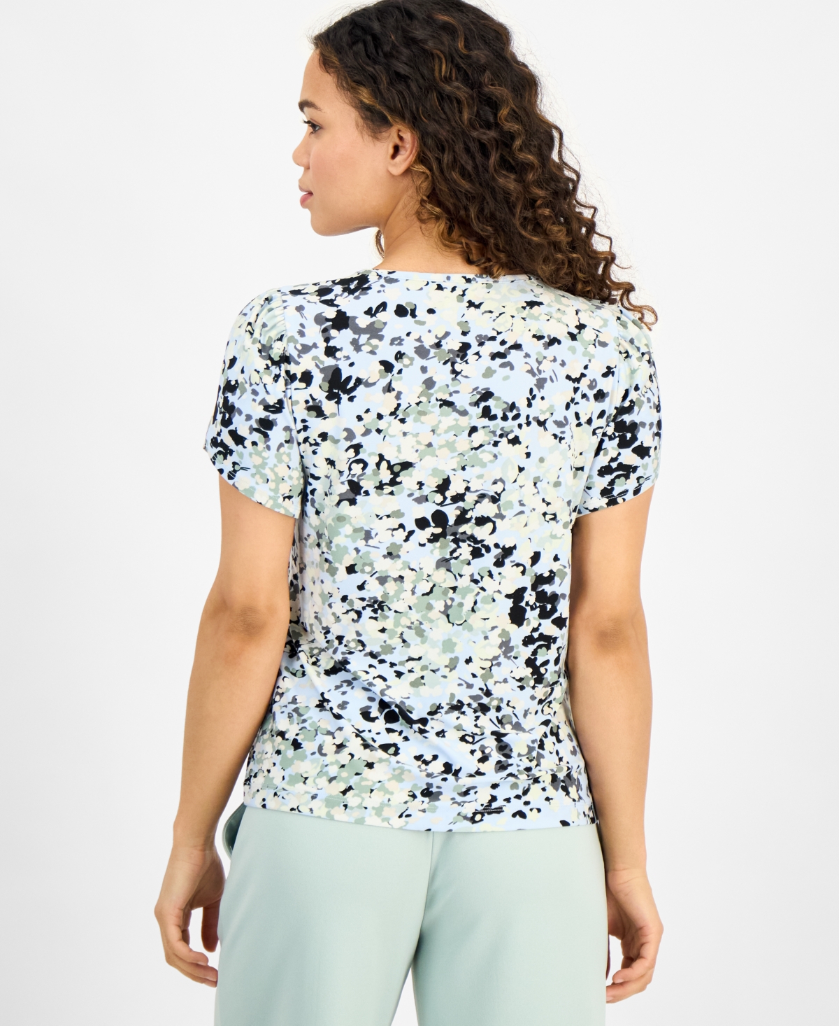 Ak Anne Klein Petite Printed Tulip-sleeve Scoop-neck Top In Skyway Multi