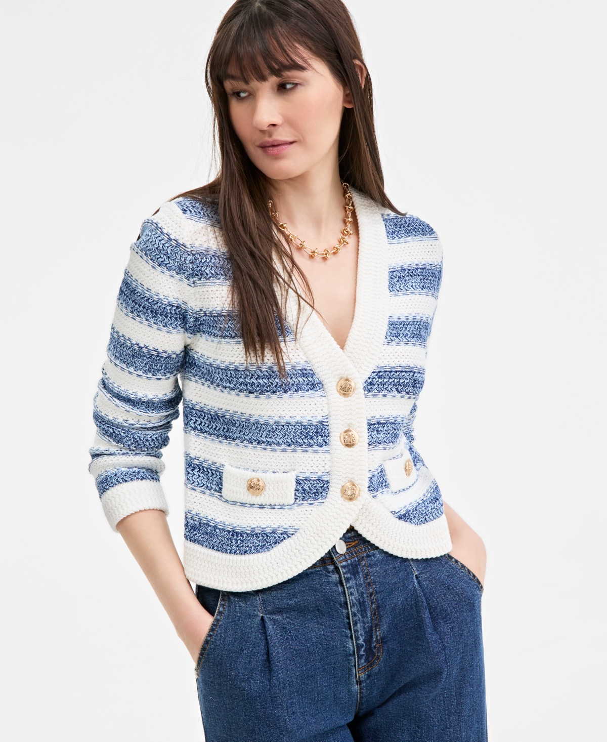 On 34th Women's Cotton Striped Curved-hem Cardigan, Exclusively At Macy's In Navy Combo