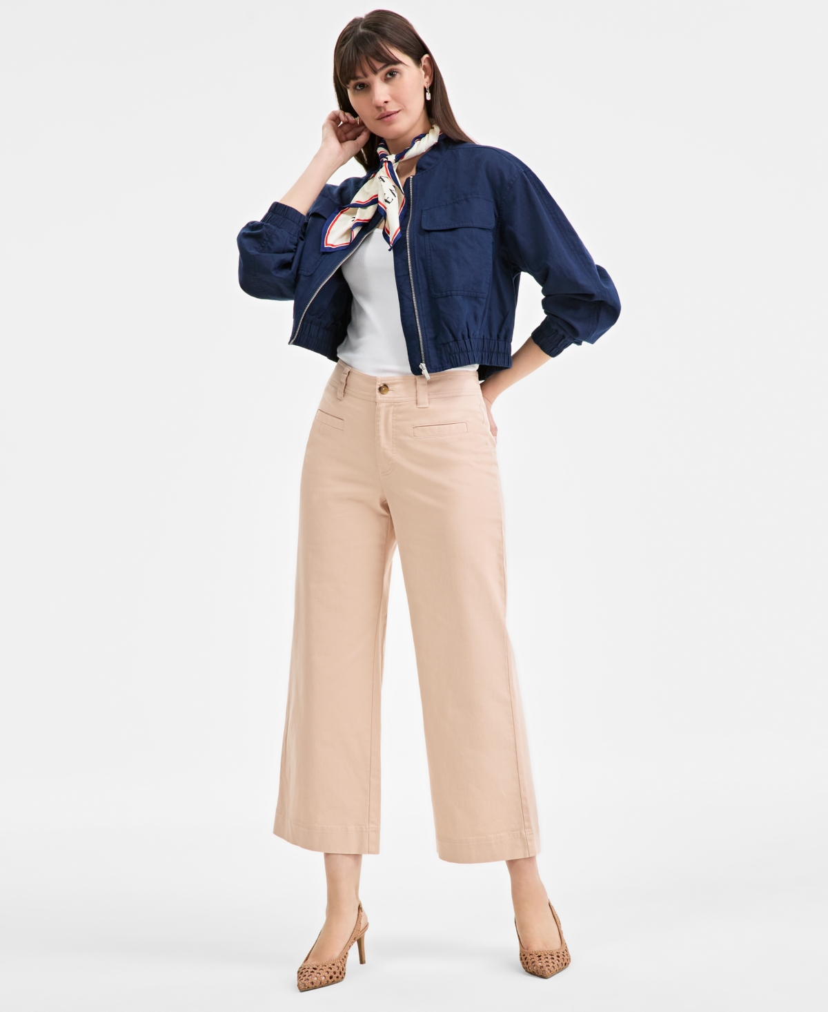 On 34th Women's Cropped Linen Utility Bomber, Exclusively At Macy's In Intrepid Blue