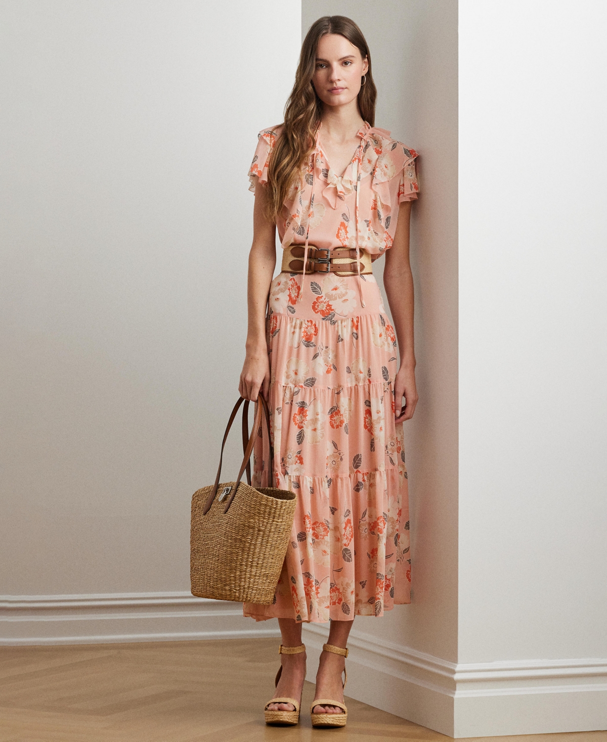 Shop Ralph Lauren Women's Floral Crinkle Georgette Tiered Skirt, Regular & Petite In Pink Multi
