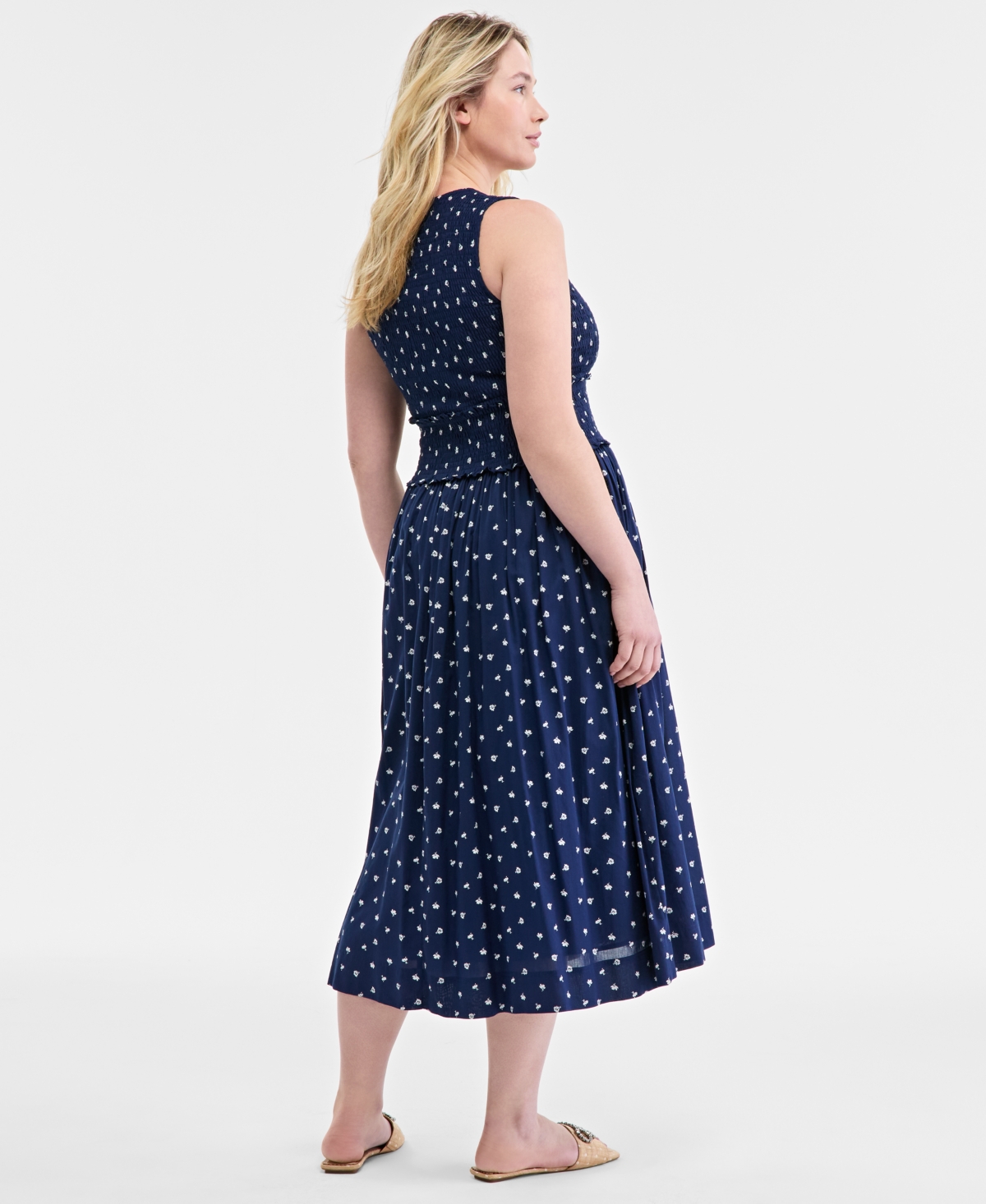 On 34th Women's Woven Printed Smocked Sleeveless Midi Dress, Exclusively At Macy's In Blazing Navy