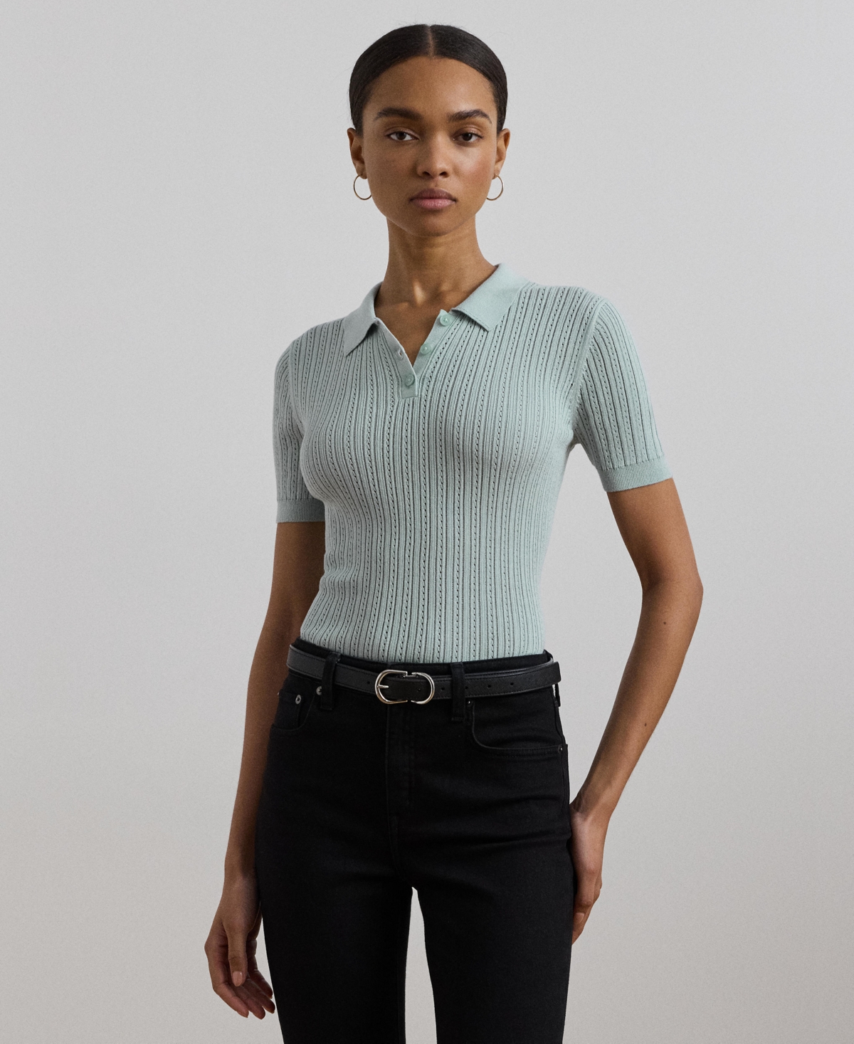 Ralph Lauren Women's Pointelle-knit Cotton-blend Polo Sweater In Aqua Pearl