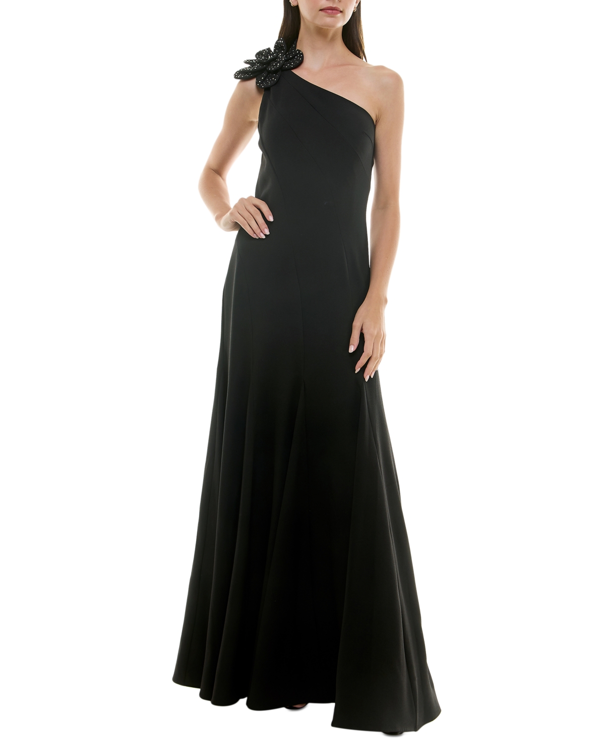 Women's Embellished Asymmetric One-Shoulder Gown - Black