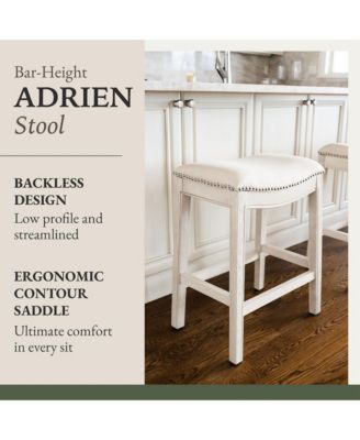 Adrien Saddle Bar Stool in White Oak Finish w/ Natural Fabric Upholstery, Set of 2