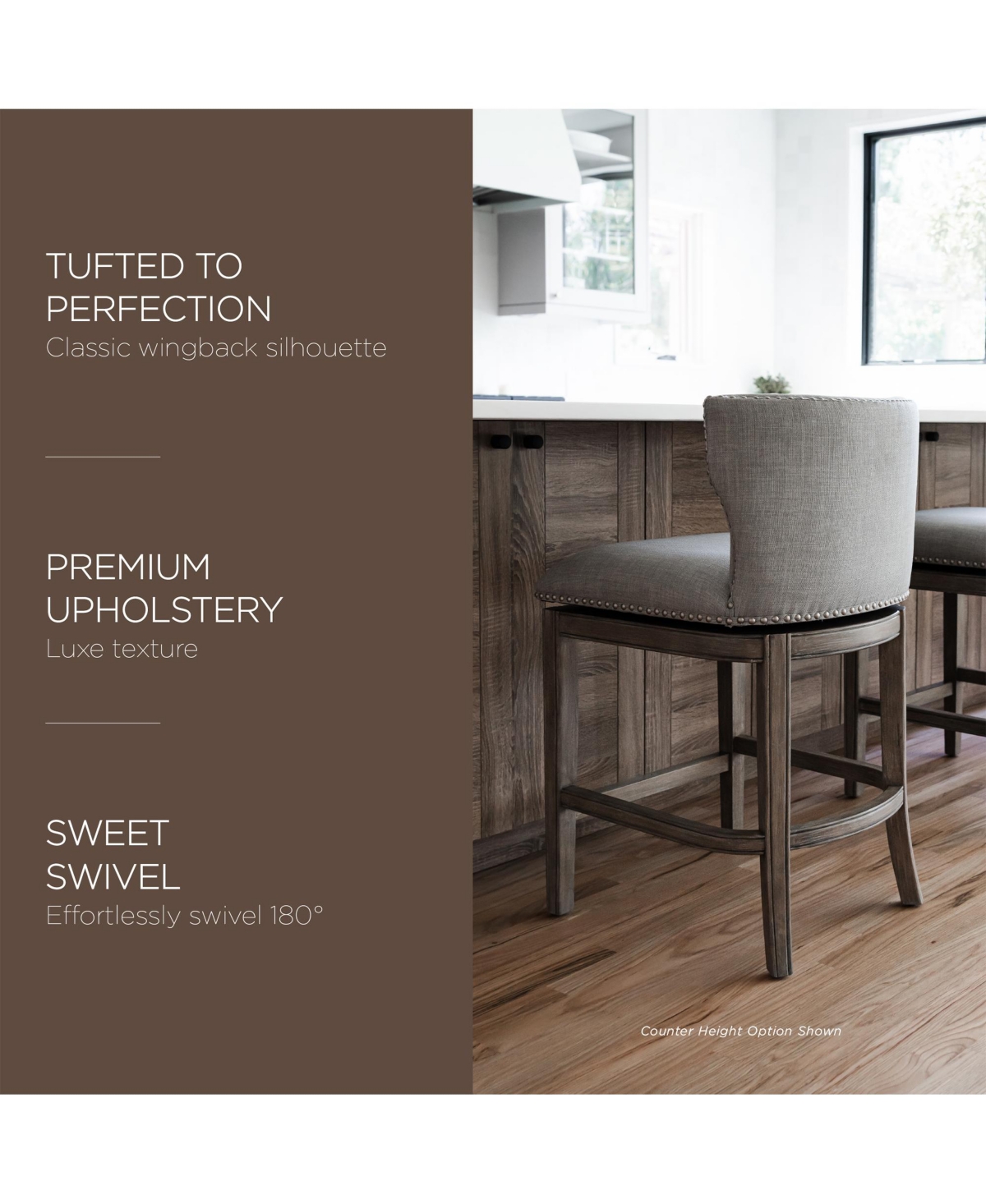 Maven Lane Hugo Bar Stool in Reclaimed Oak Finish with Ash Grey Fabric, Set of 2