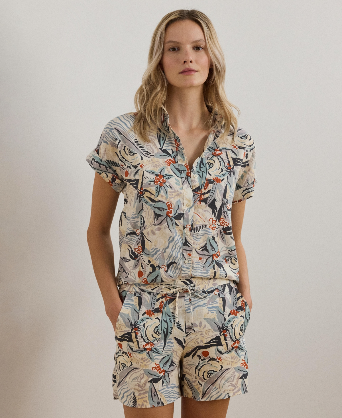 Shop Ralph Lauren Women's Relaxed-fit Print Short-sleeve Shirt, Regular & Petite In Cream Multi
