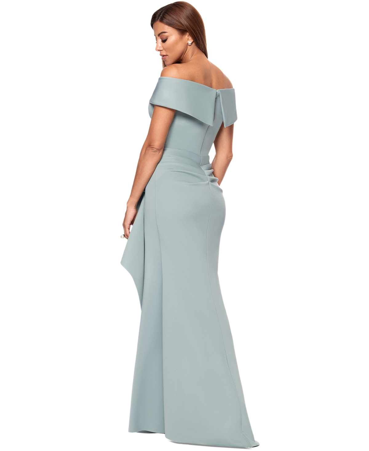 Xscape Petite Off-the-shoulder Ruffle Gown In Sage