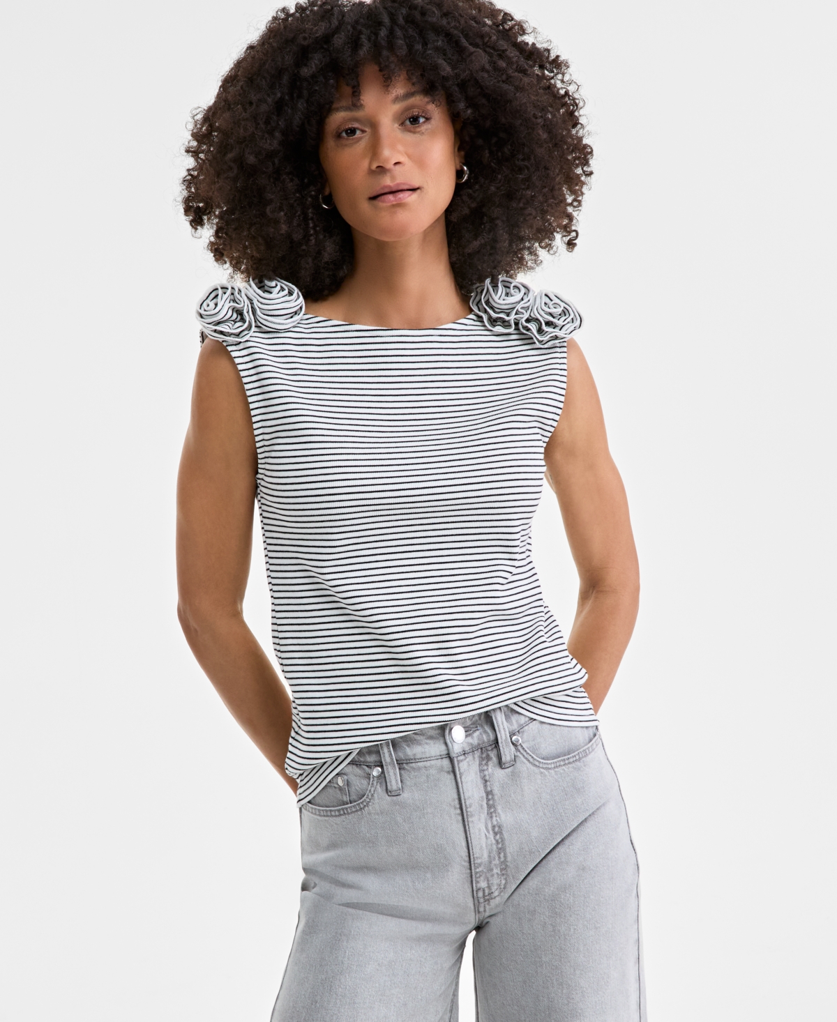 On 34th Women's Ribbed Rosette Shoulder Tank Top, Exclusively At Macy's In Washed White Combo