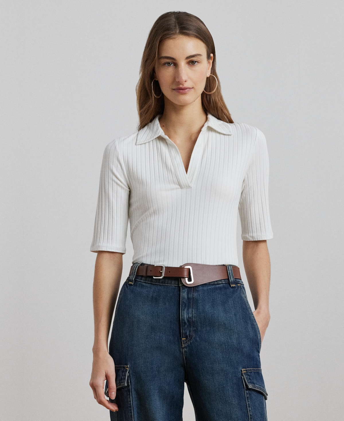 Shop Ralph Lauren Women's Rib-knit Elbow-sleeve Polo Tee In White