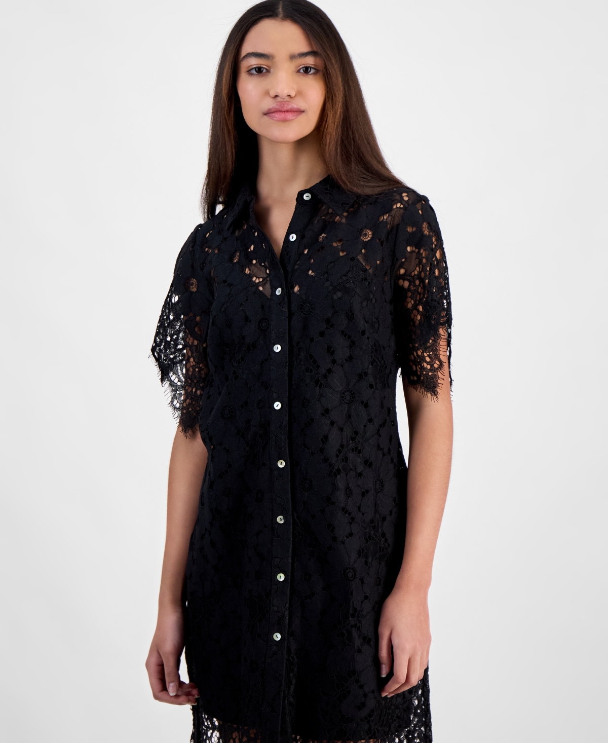 TINSEL JUNIORS' LACE BUTTON-FRONT SHORT-SLEEVE SHIRTDRESS 