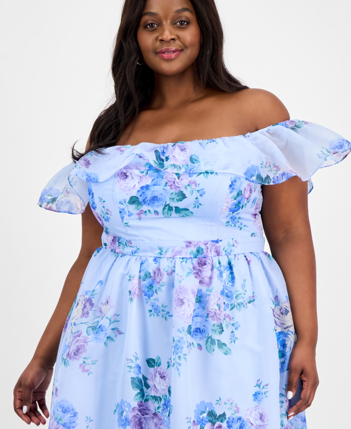B Darlin Trendy Plus Size Off-the-shoulder Floral-print Gown In Blue
