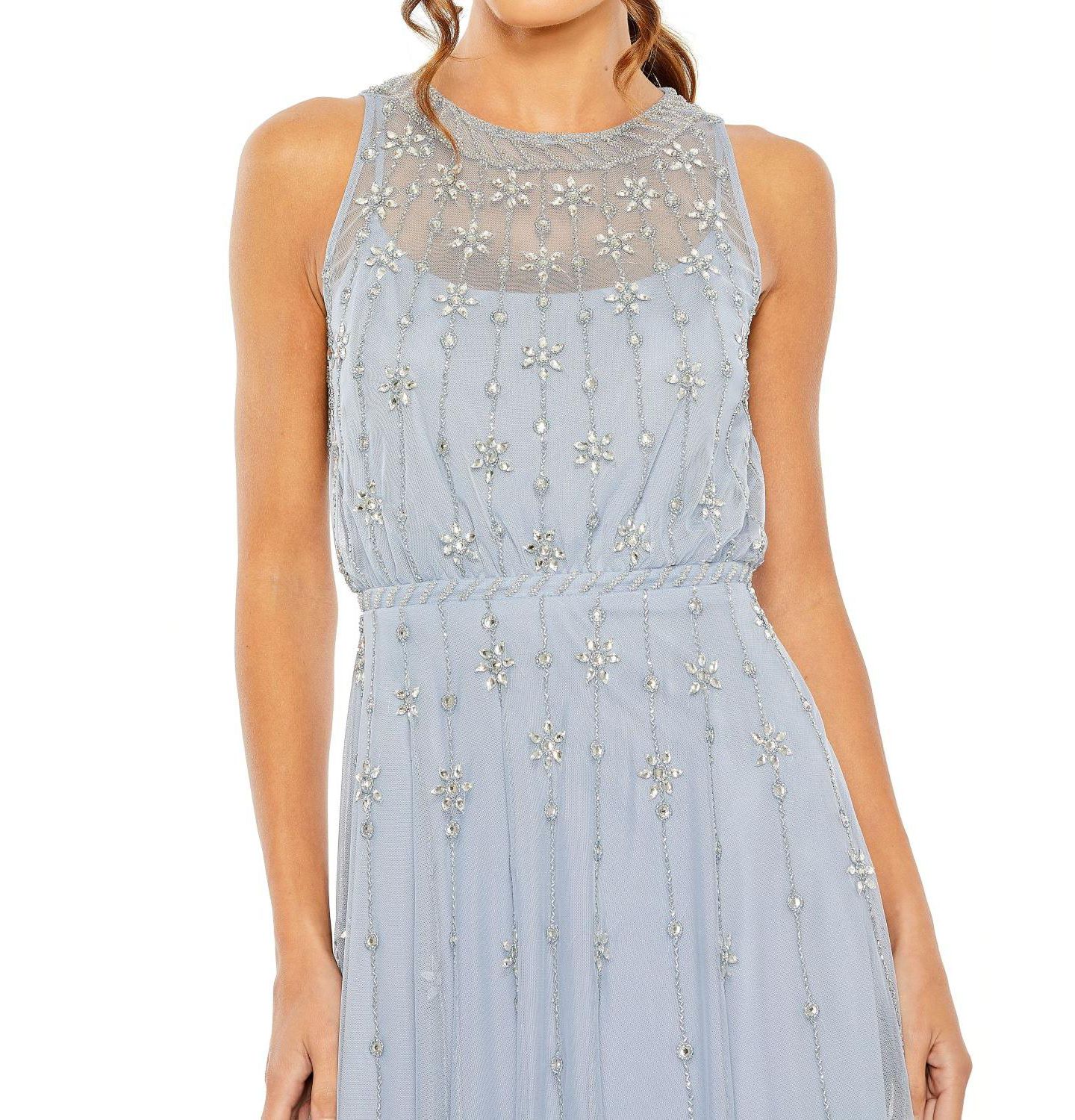 Женское платье Mac Duggal High Neck Sleeveless Embelished A Line, цвет: Пудрово-голубой — фото 6