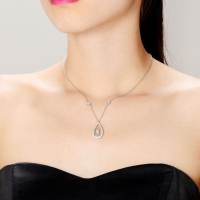 Sterling Silver White Gold Plated with Clear Cubic Zirconia Teardrop Necklace