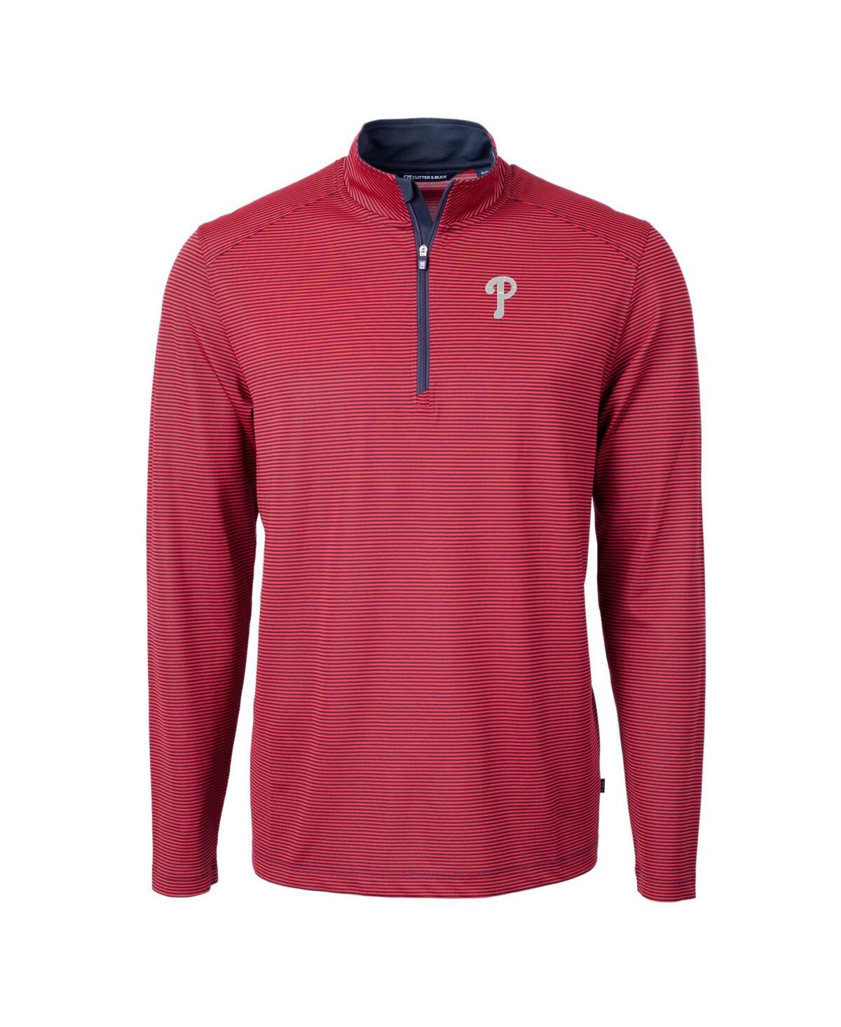 Cutter & Buck Men's Red/navy Philadelphia Phillies Virtue Pique Micro Stripe Quarter-zip Pullover Top In Red,navy