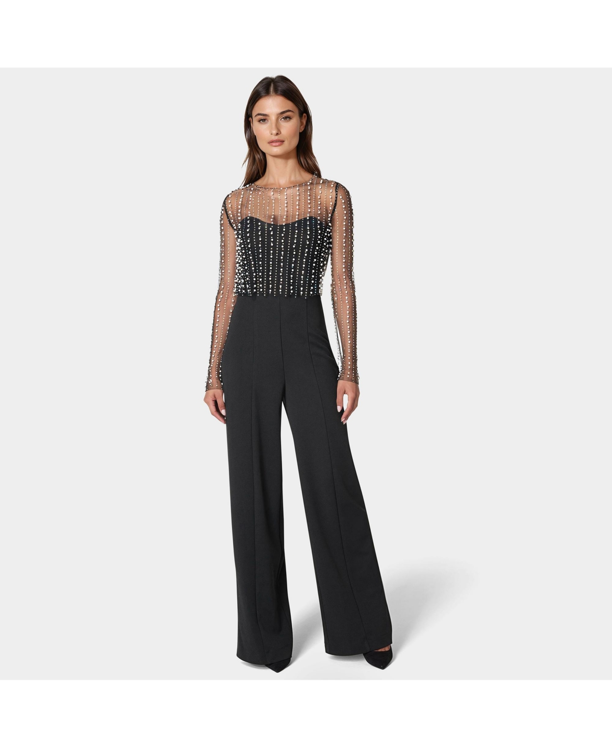 Women's Palazzo Leg Jumpsuit With Studded Pearl Top - Black