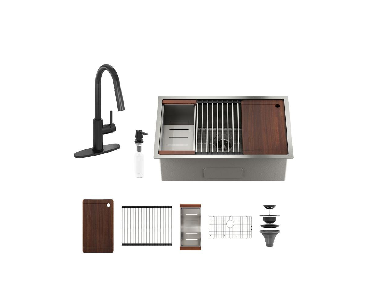 36" L x 19" W Drop-in Stainless Steel Kitchen Sink with Touchless Faucet Included - Black faucet