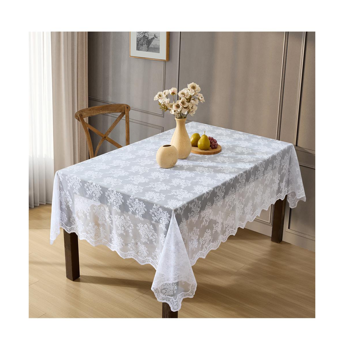 Jolene Floral Lace Fabric Tablecloth, Lace Fabric Table Cloth for Small Rectangle Tables, Wrinkle Resistant Tablecloth, Patterned Scalloped Tab