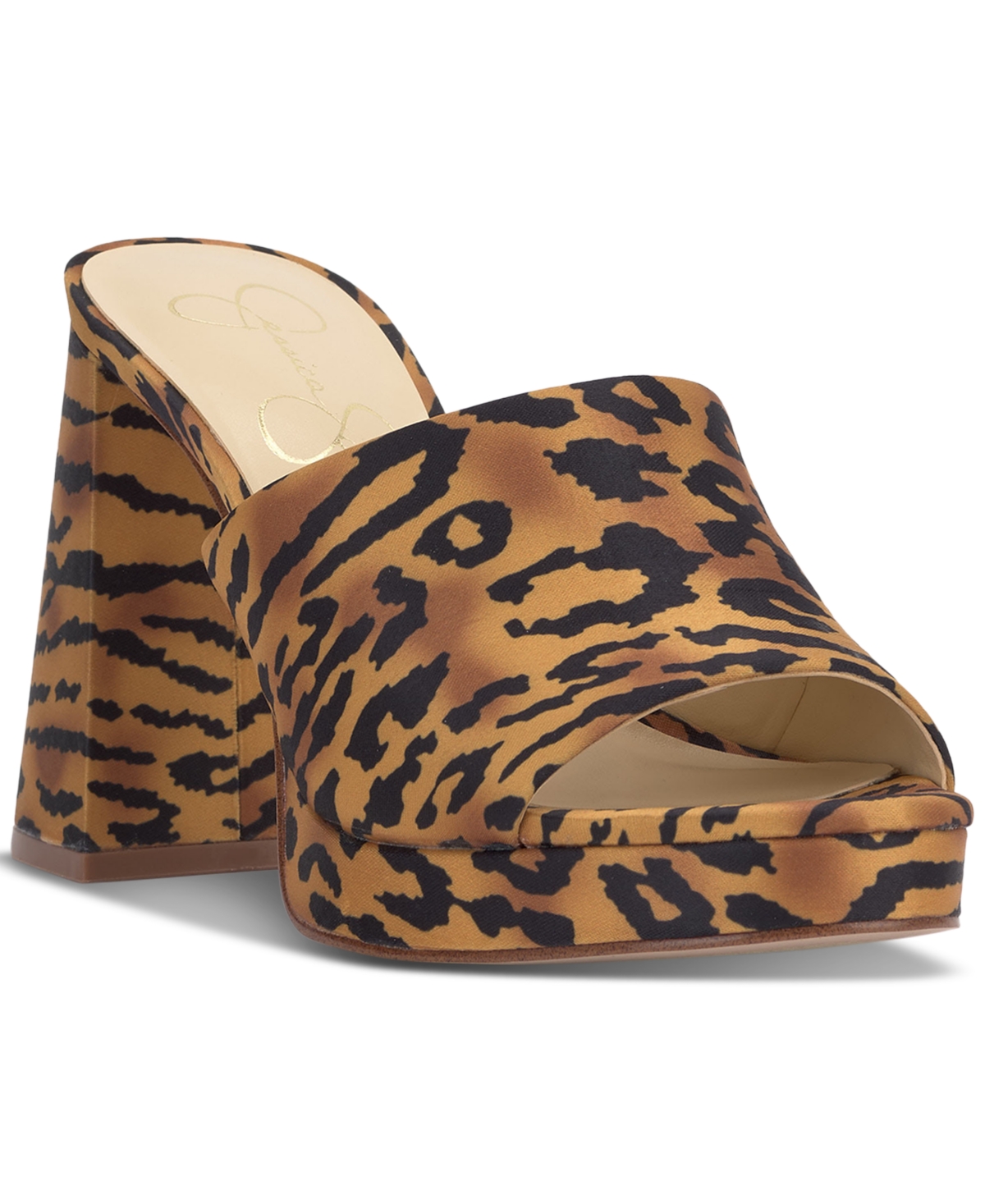 Jessica Simpson Women's Kameena Block-heel Slip-on Sandals In Natural Leopard Satin