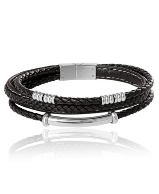 Stainless Steel Triple Row Black Cord Bracelet - 8.25"