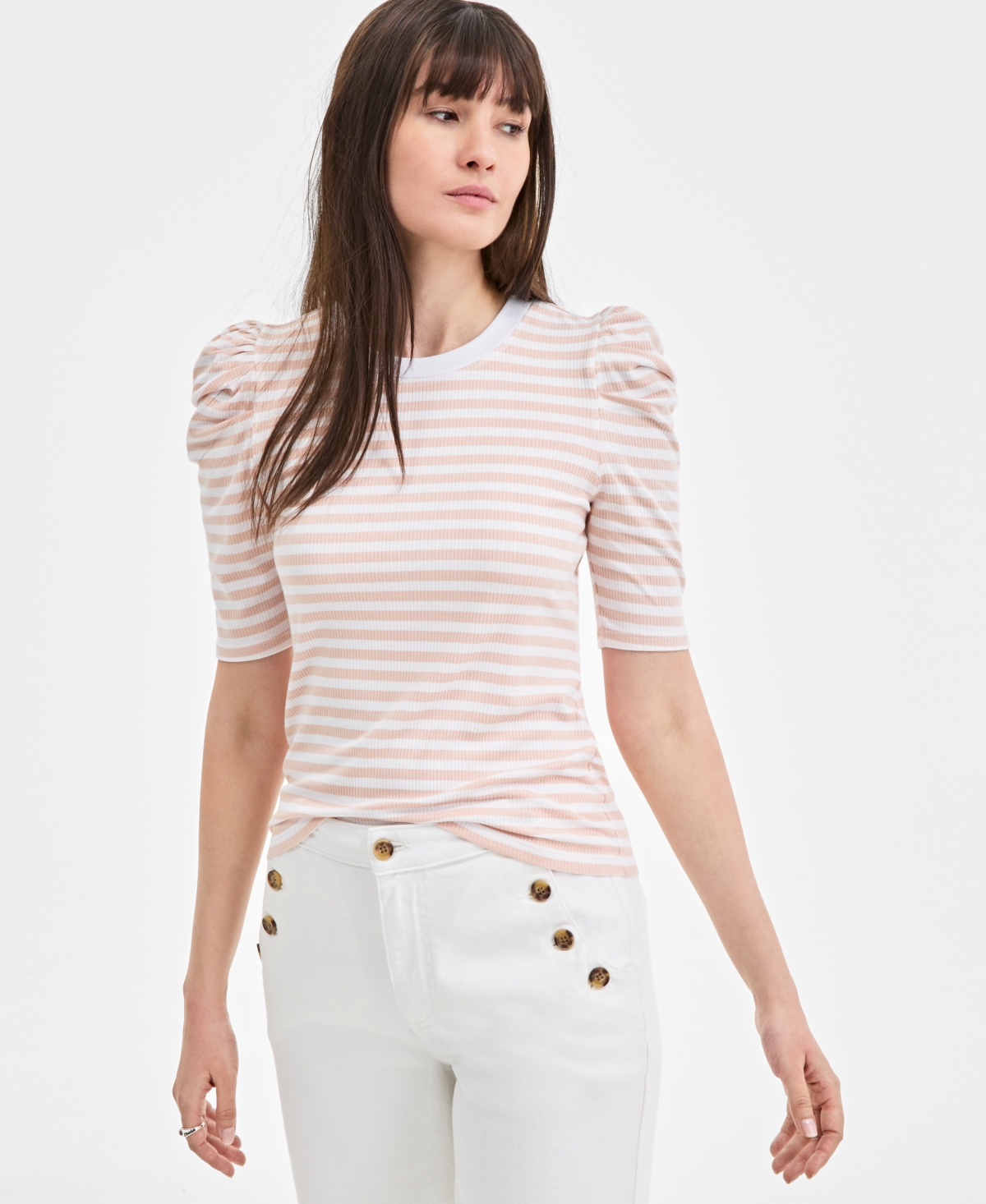 ON 34TH WOMEN'S KNIT STRIPE VOLUME-SLEEVE TOP, EXCLUSIVELY AT MACY'S 