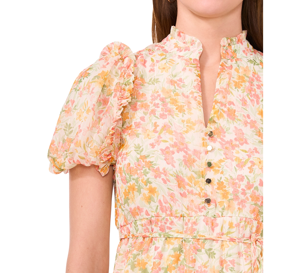 Msk Petite Printed Split-neck Tiered Maxi Dress In Coral Almond