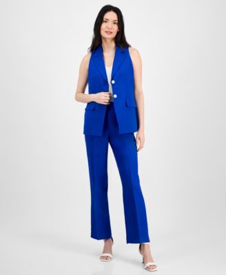 Anne Klein Womens Sleeveless Notched Collar Blazer High Rise Side Tab Pull On Pants In Santorini Blue