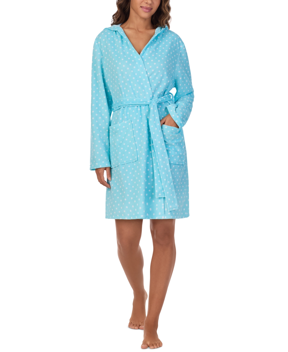 Cuddl Dud Women's Short Long-Sleeve Hooded Wrap Robe - Aqua Dot