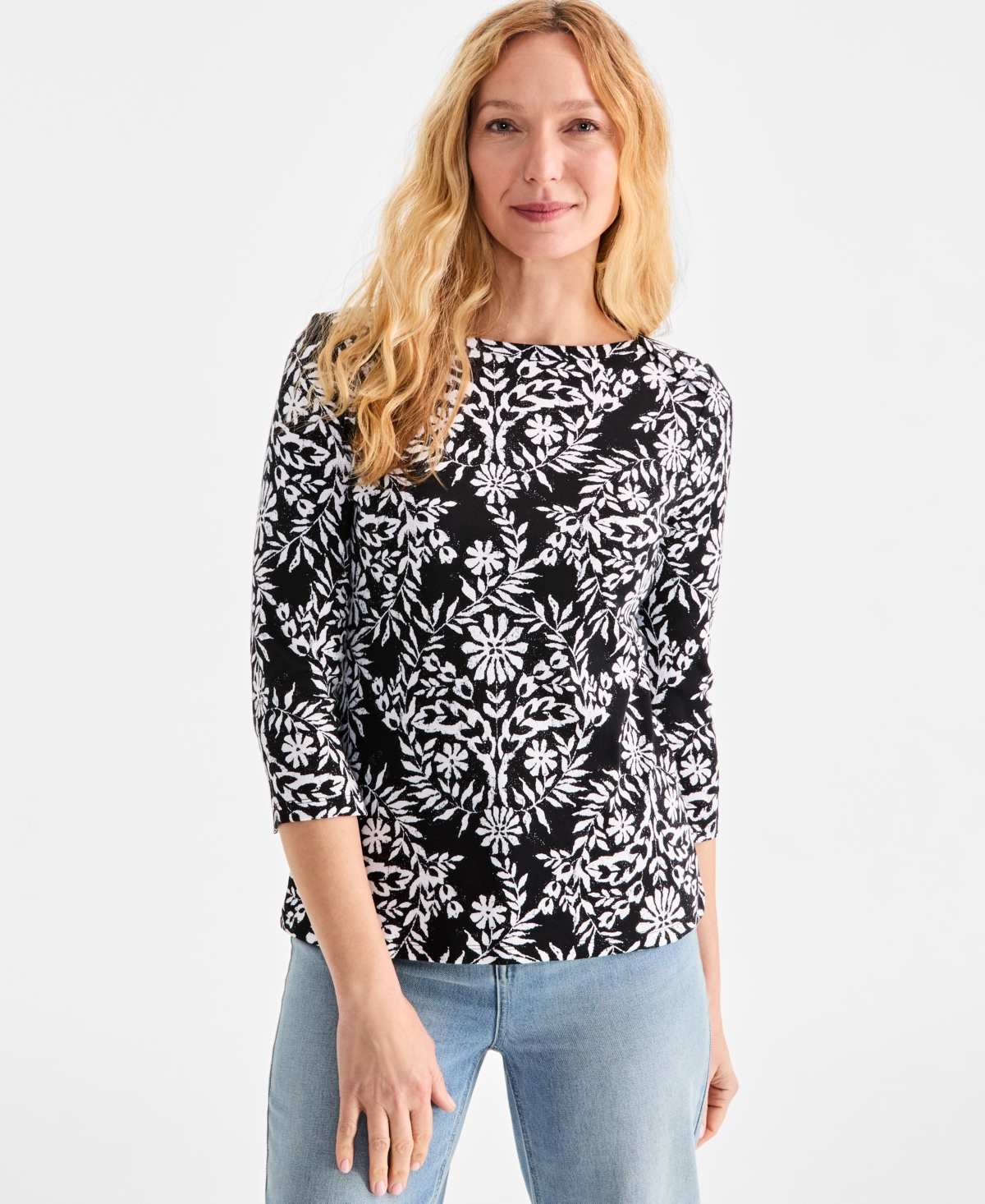 Style & Co Women's Printed Pima Cotton 3/4-sleeve Top, Exclusively At Macy's In Floral Black