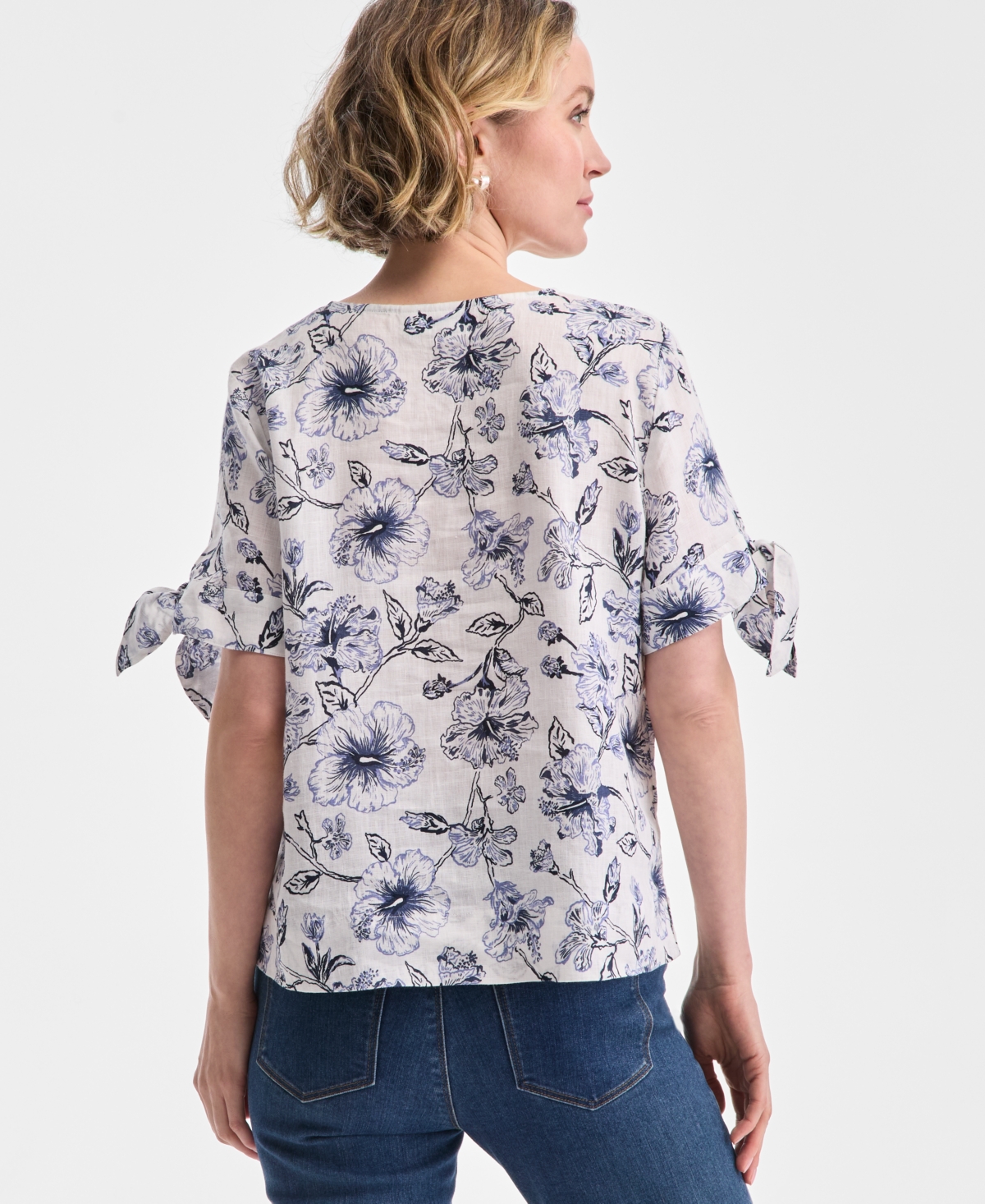 CHARTER CLUB WOMEN'S HIBISCUS GARDEN 100% LINEN TIE-SLEEVE TOP, EXCLUSIVELY AT MACY'S 