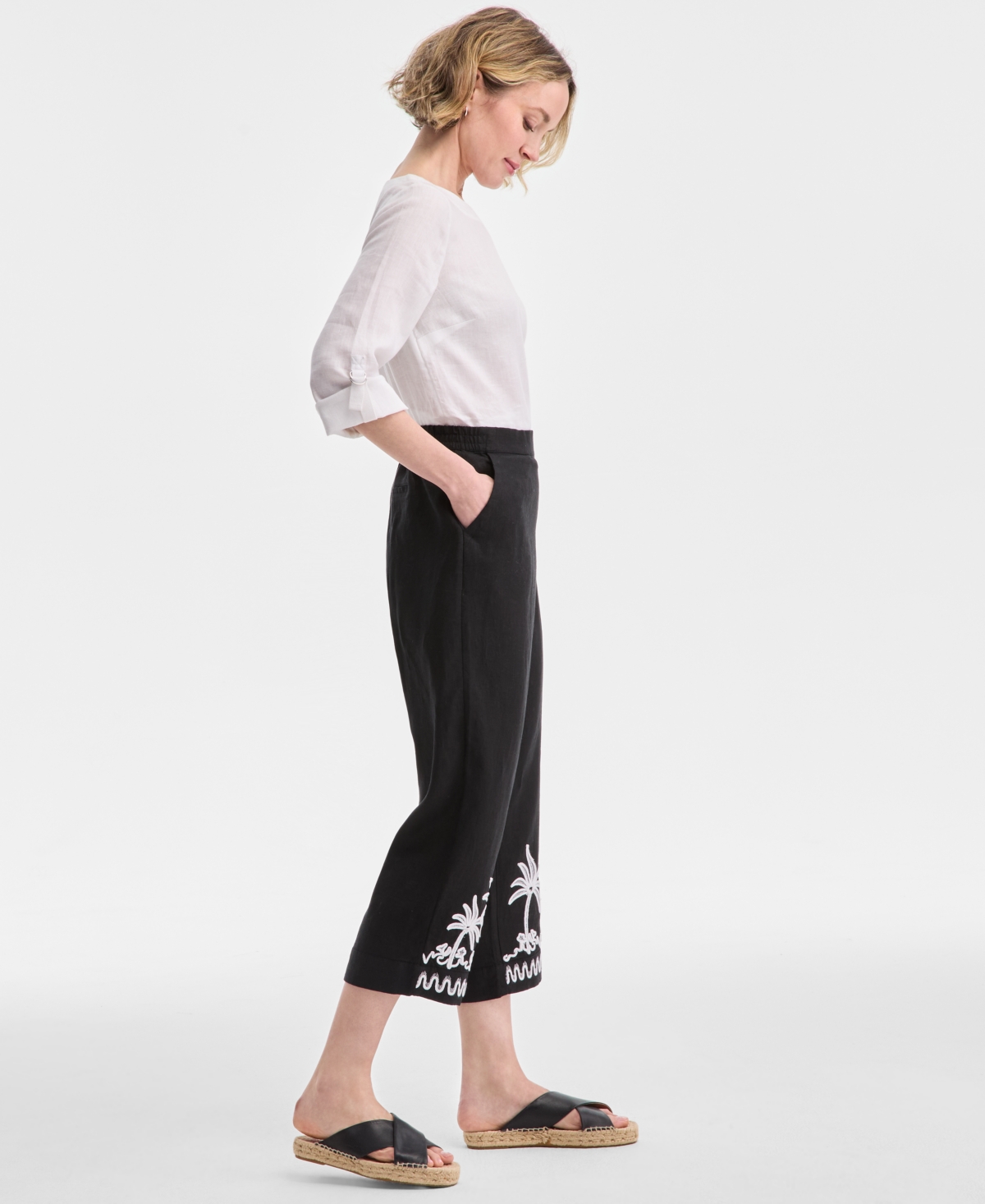 CHARTER CLUB WOMEN'S EMBROIDERED 100% LINEN CROPPED PANTS, EXCLUSIVELY AT MACY'S 