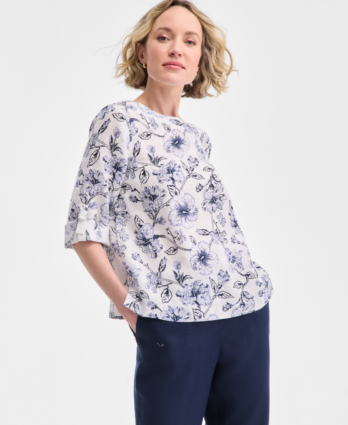 CHARTER CLUB PETITE 100% LINEN PRINTED BOAT-NECK TOP, EXCLUSIVELY AT MACY'S 