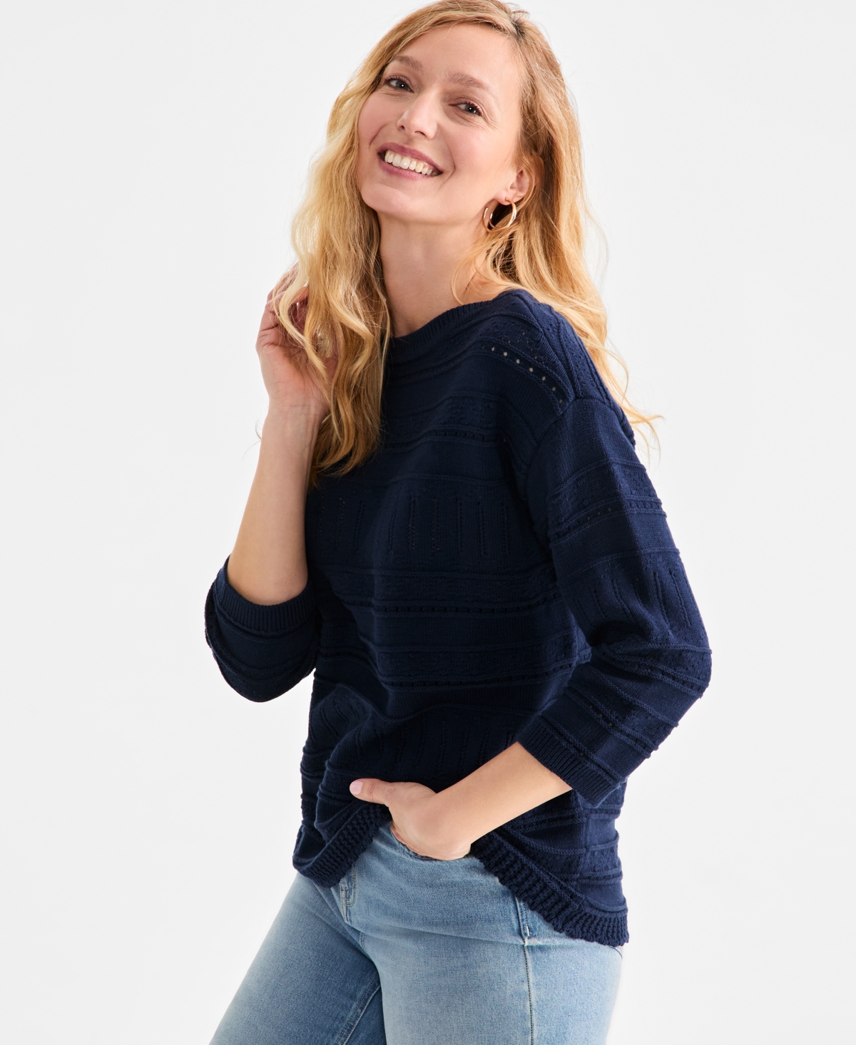 Women's Cotton Mixed-Stitch Pointelle Sweater, Exclusively at Macy's - Industrial