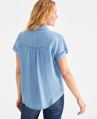 Petite Chambray Short-Sleeve Button Shirt, Exclusively at Macy's