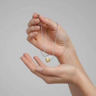 Sterling Silver Two-Tone with 14K Gold Plated Sphere & White Gold Plated Minimalist Bar Necklace